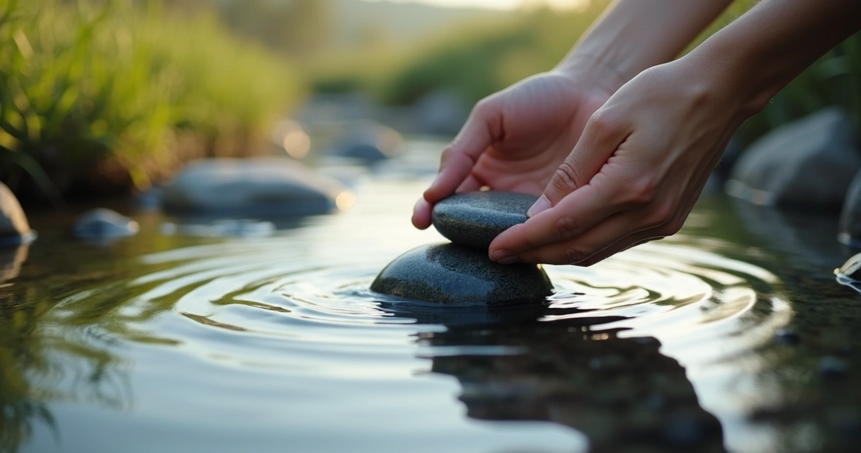 Hands placing a stone into calm river water