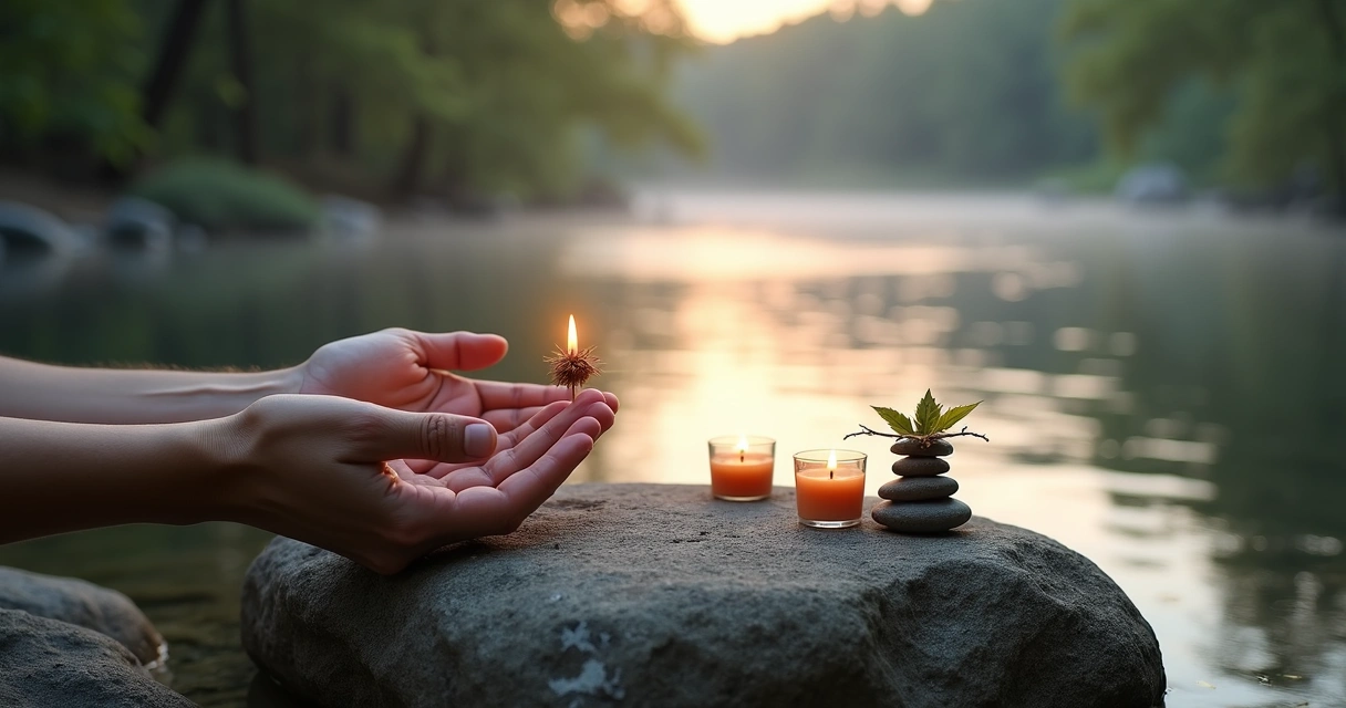 Hands arranging candles, stones and leaves beside a calm river 
