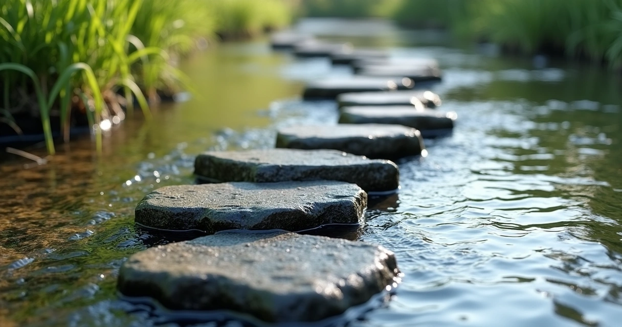 Stepping stones crossing a river with branching water currents