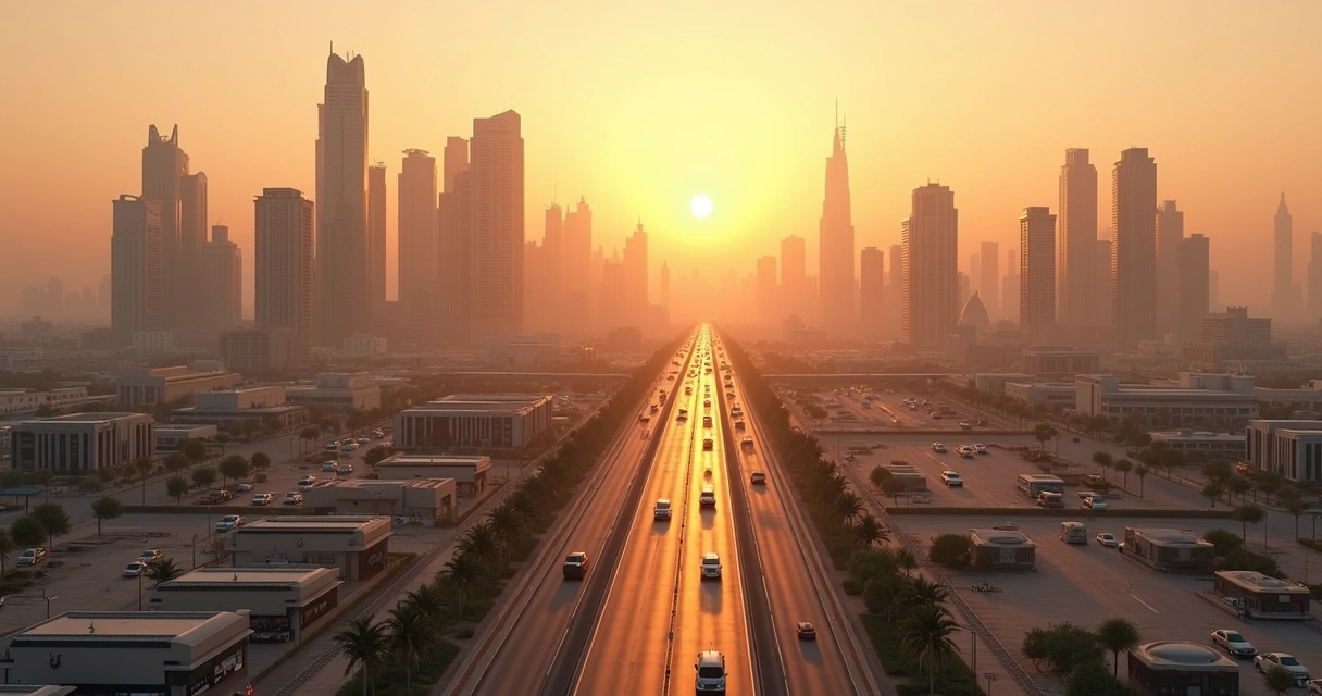 Riyadh city skyline with high-rise office buildings at sunset 