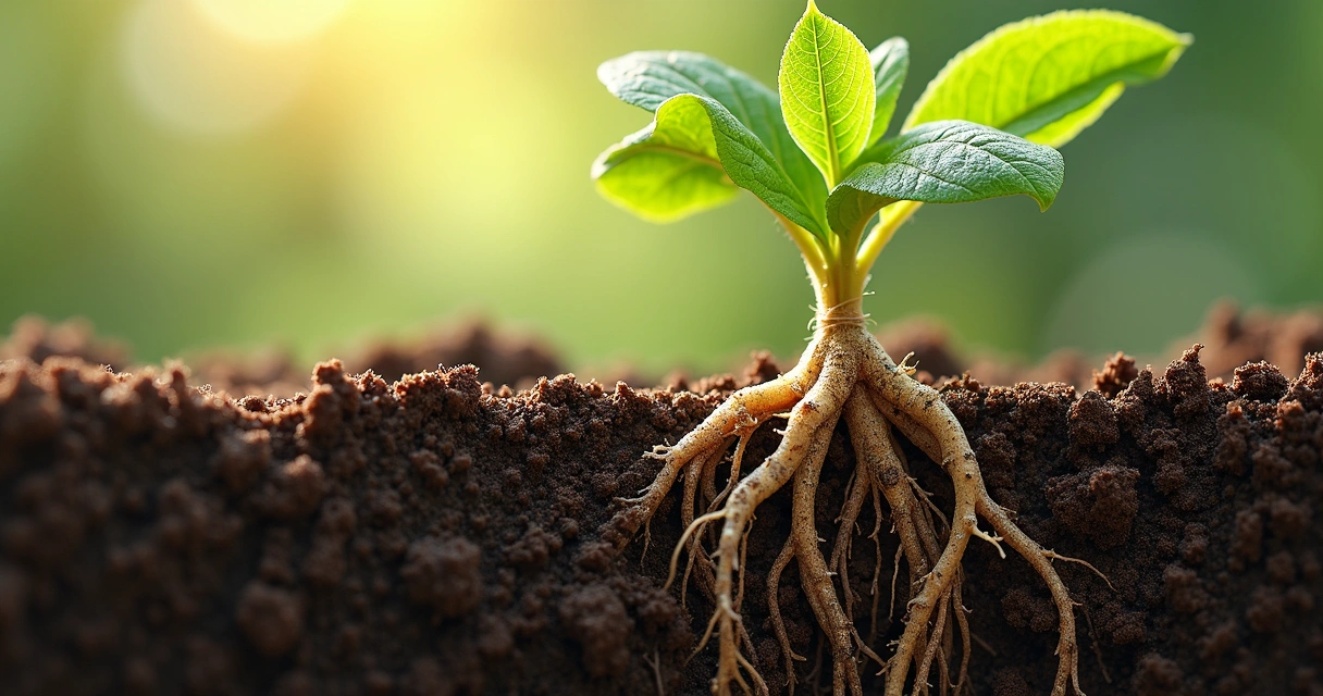 Detalhe de raízes com biofilme microbiano 