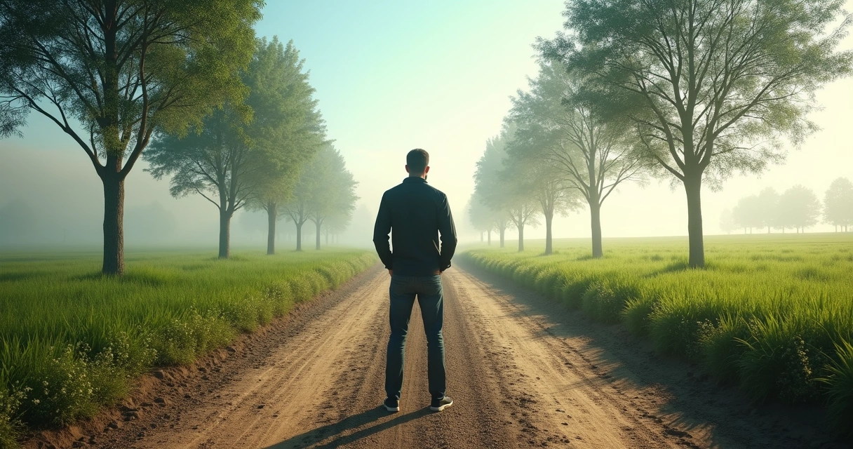 Man standing at a crossroads looking at path options 