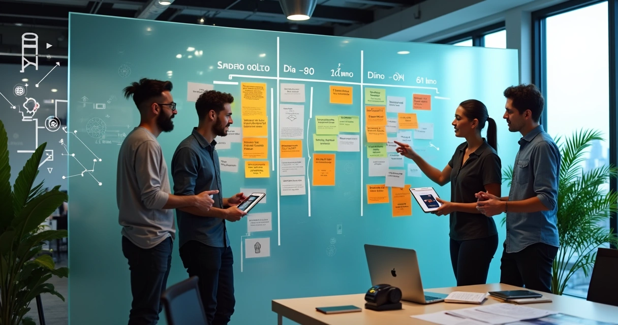 Fundadores de fintech planejando roadmap de 90 dias em quadro kanban digital 