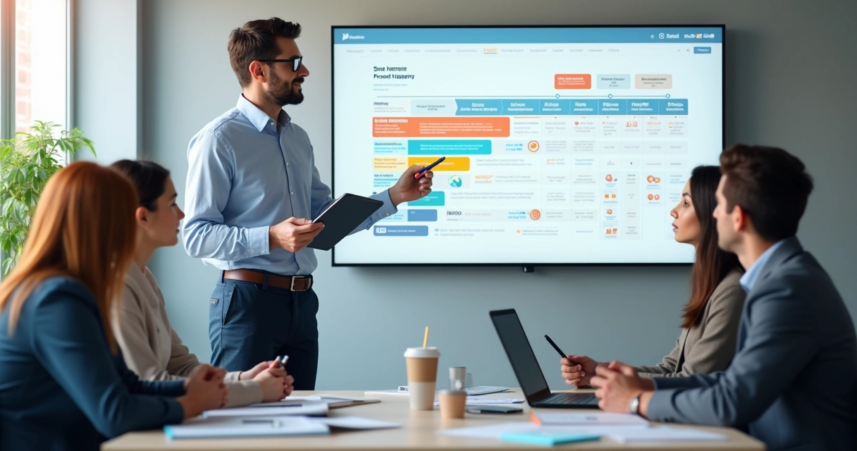 Equipe de PME analisando grande painel com roadmap estratégico colorido 