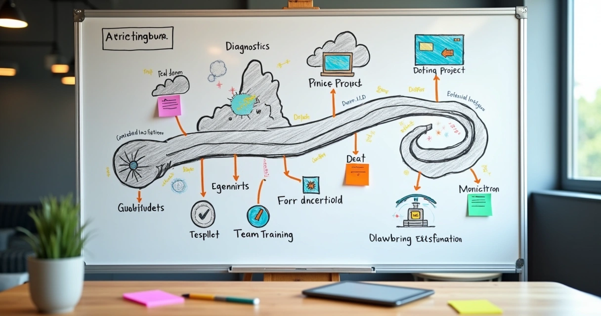 Quadro branco com roadmap de implementação de IA 