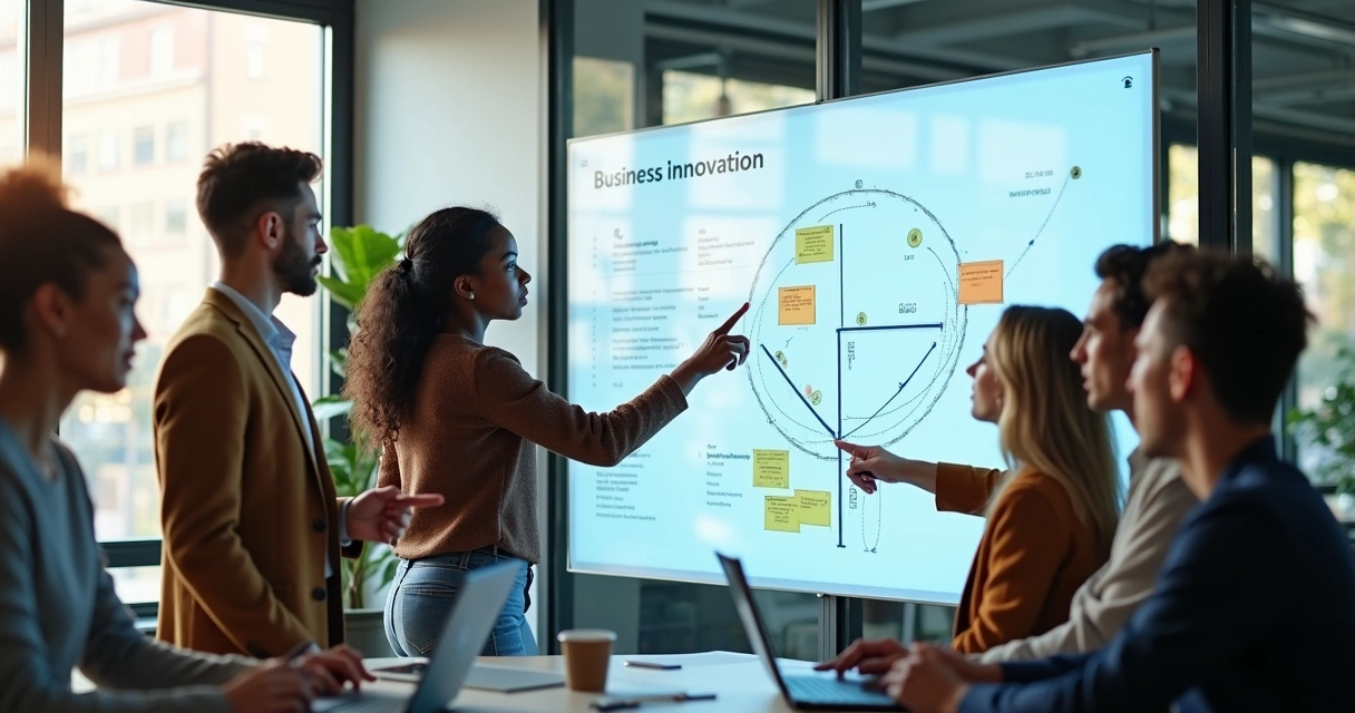 Equipe multidisciplinar reunida construindo um roadmap em lousa digital 