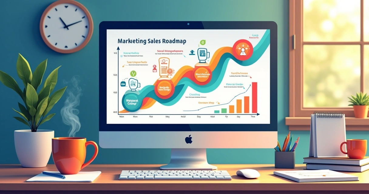 Roadmap de marketing e vendas de pequena empresa, colorido e detalhado