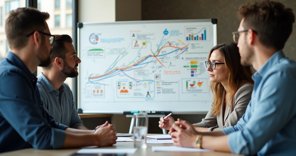 Equipe pequena alinhando roadmap com plano estratégico 