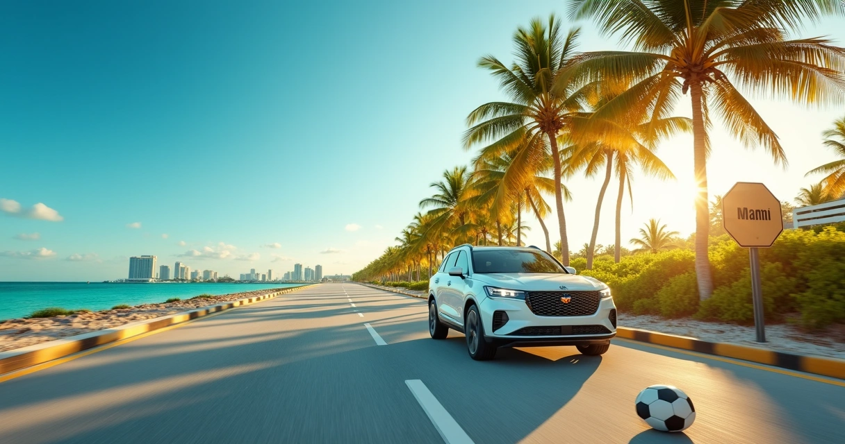 Carro em estrada pela costa da Flórida com placa de Miami e bola de futebol 