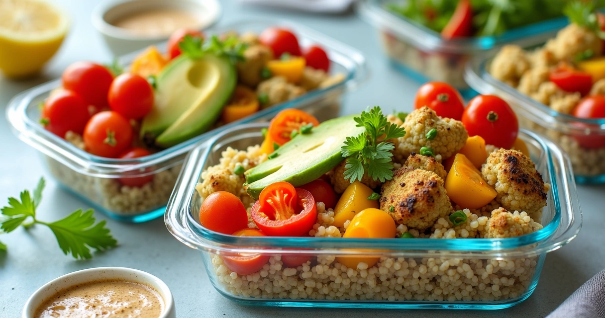 Bowl with roasted vegetables, quinoa, and fresh toppings 