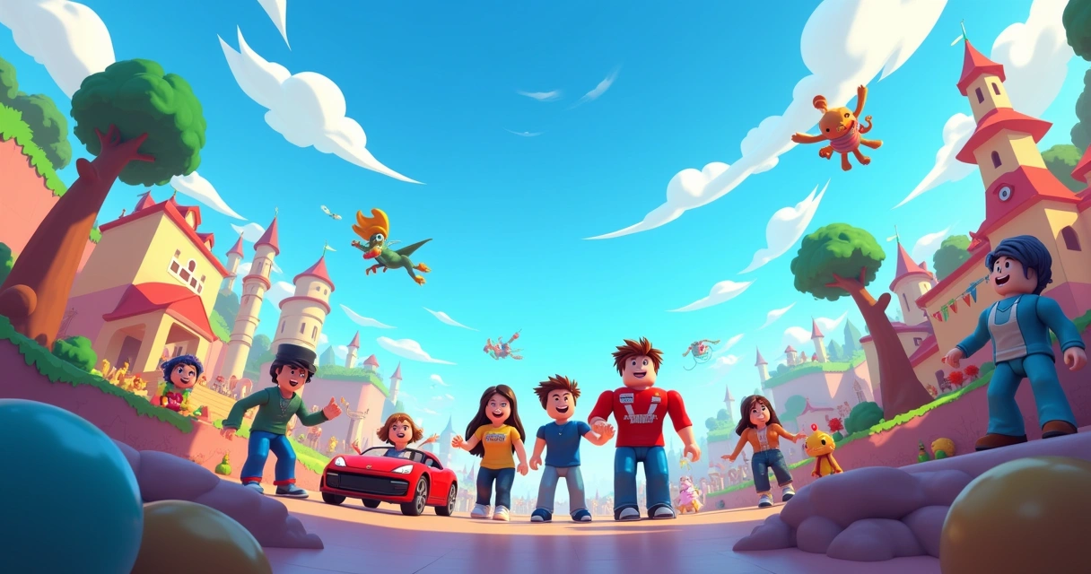 Ambiente virtual de Roblox com avatares se divertindo em jogos e criando, cheio de cores vibrantes.