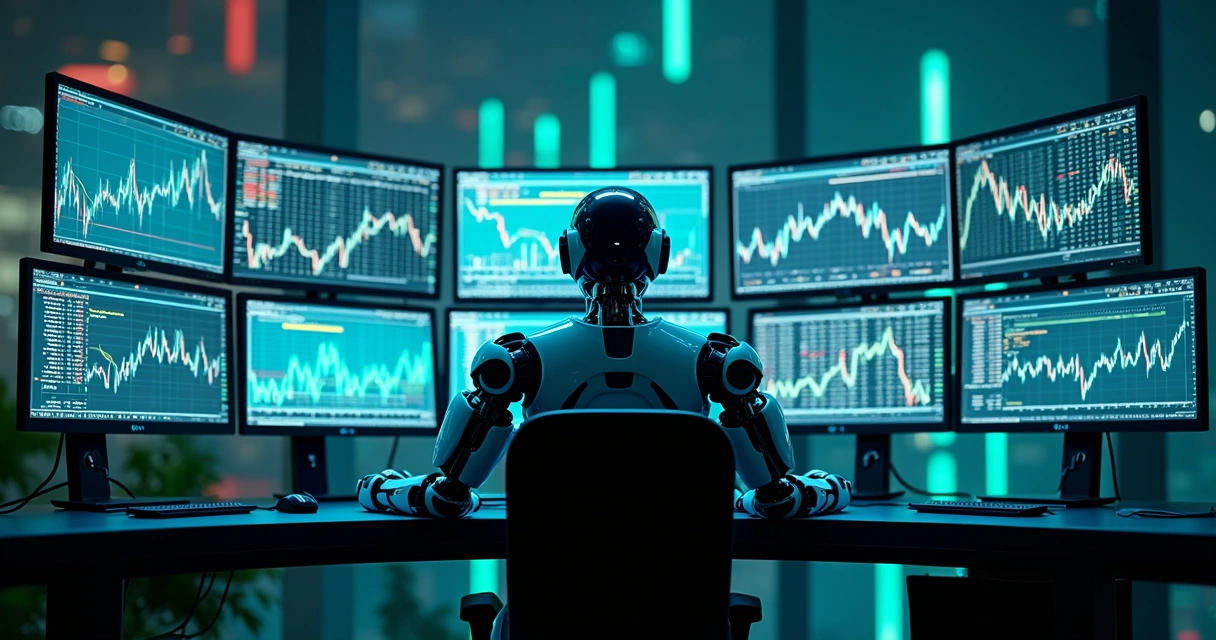Robô trader analisando gráficos de ações em computador 