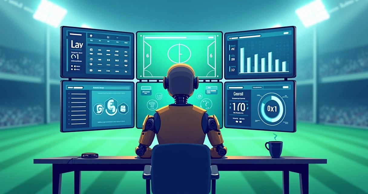 Robô analisando dados em campo de futebol digital 