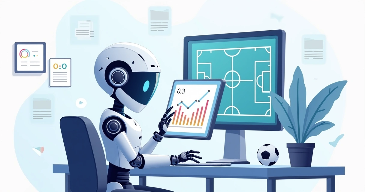 Robô analisando dados de apostas esportivas em tela. 
