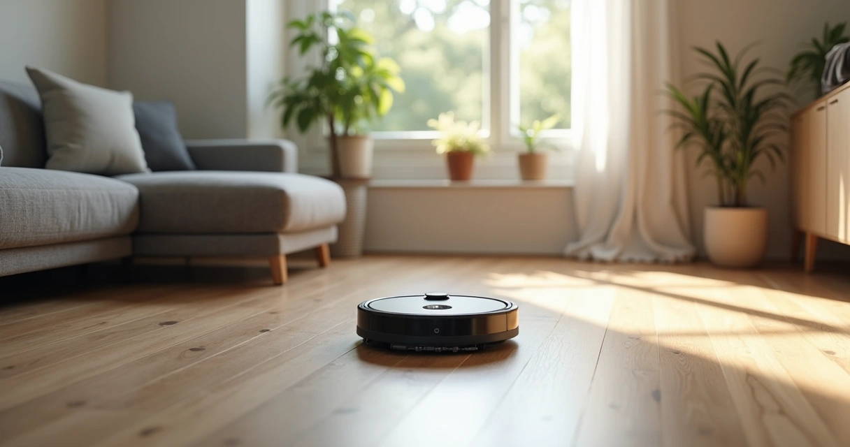Robô aspirador em sala moderna com piso de madeira 