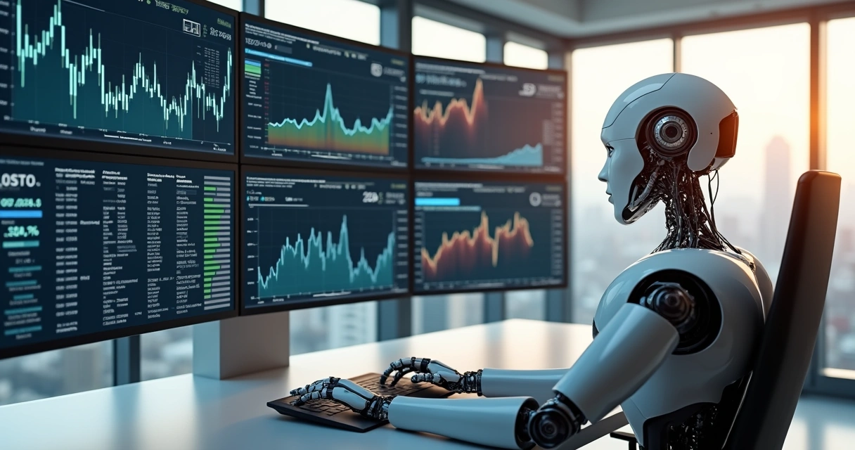 Robô analisando gráficos financeiros na tela de computador 