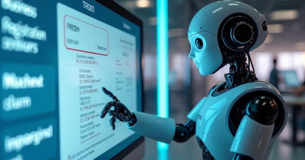 Robô interagindo com tela de cadastro empresarial 