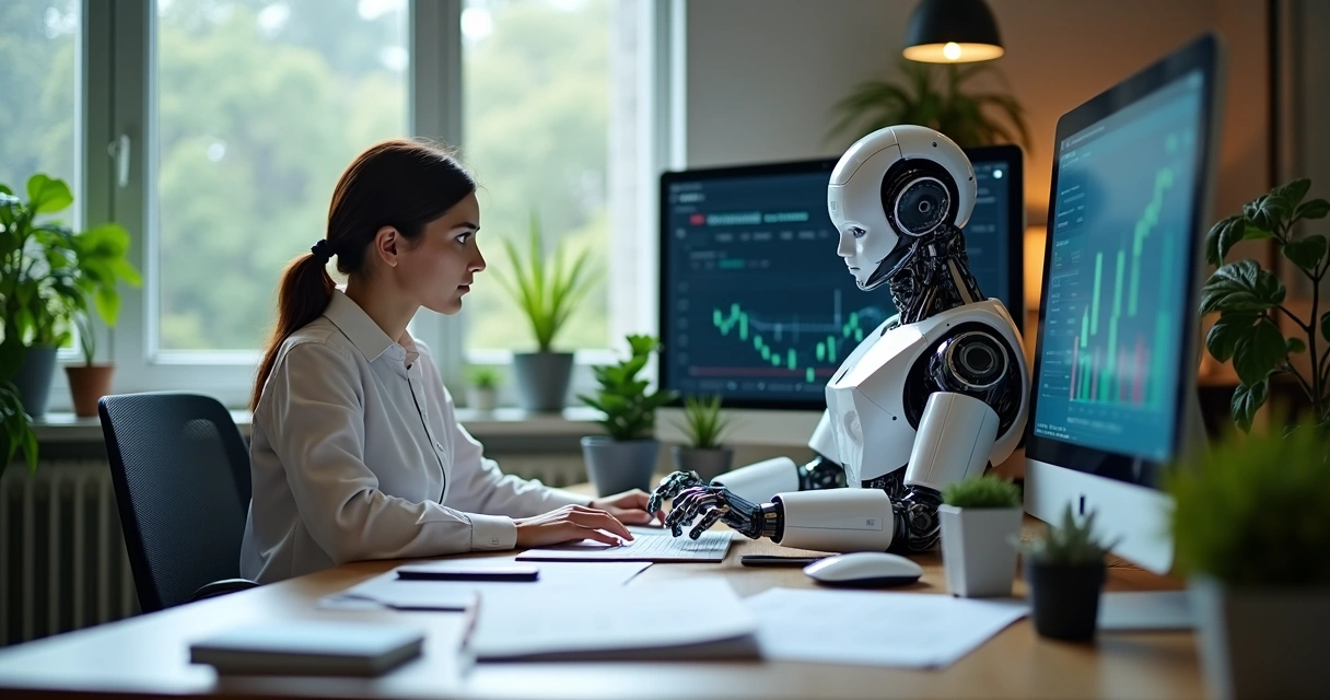 Robô digital realizando tarefas contábeis em escritório moderno 