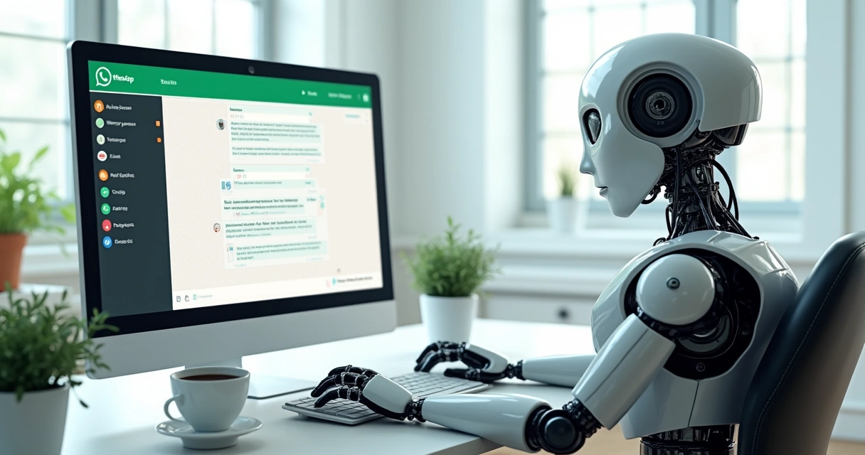 Robô em frente ao computador configurando respostas automáticas 