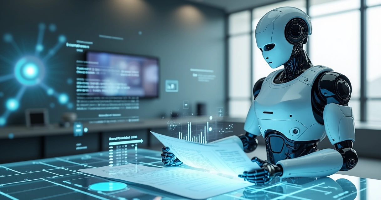 Robô digital vestido como contador analisando notas fiscais em fundo moderno 