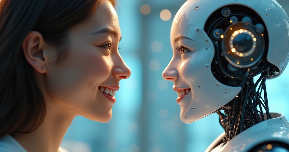 Robo de IA conversando de forma natural com humano em cenário digital 