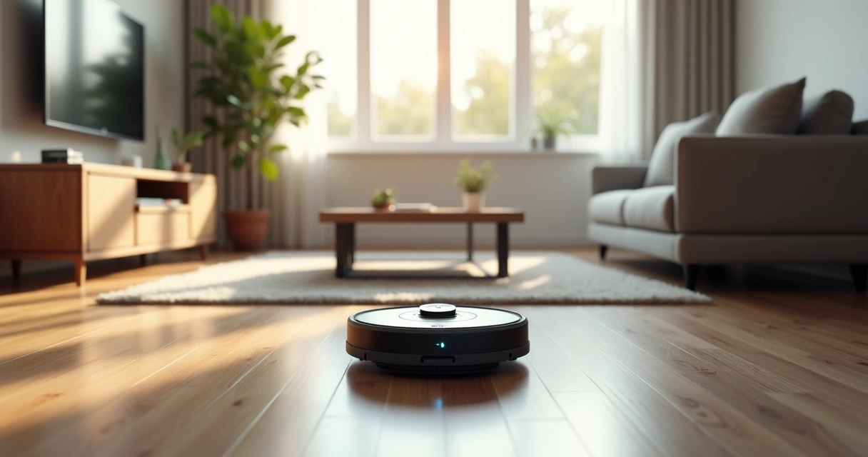 Robô de limpeza autônomo em uma sala moderna 
