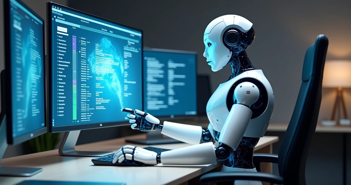 Robô digital organiza arquivos fiscais em computador moderno 