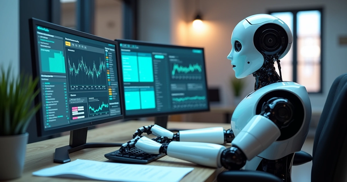 Robô digital sentado em frente a telas de ERP contábil 