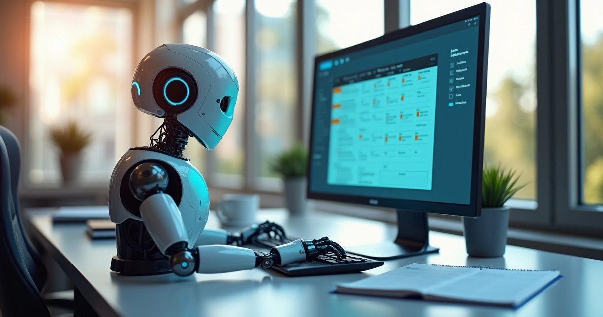 Robô digital amigável usando computador em escritório contábil moderno. 