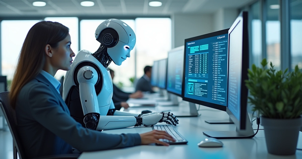 Robô digital trabalhando em monitor ao lado de humano 