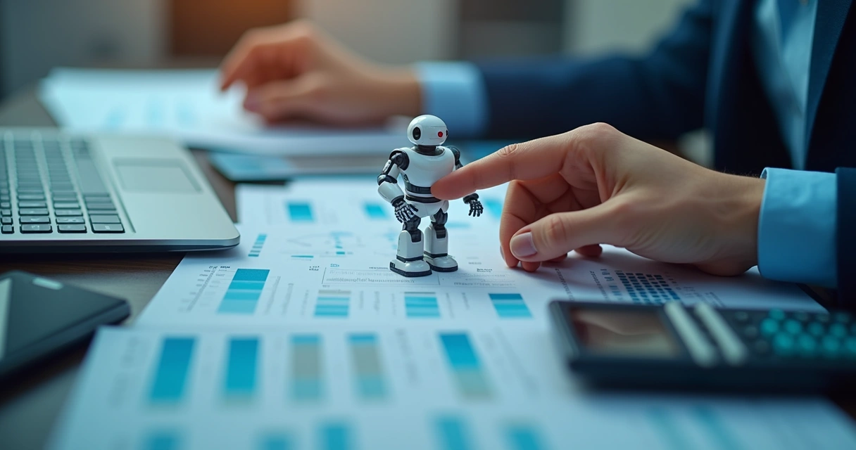 Robô digital personalizável em tela de computador ao lado de documentos contábeis