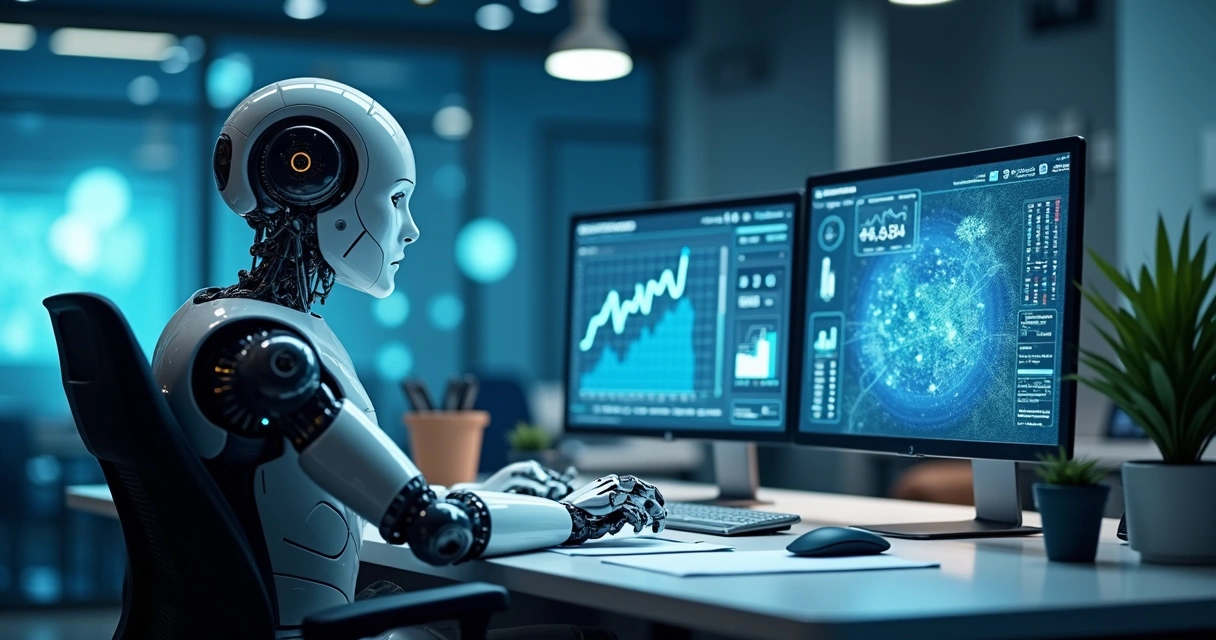 Robô digital trabalhando em documentos contábeis na mesa 