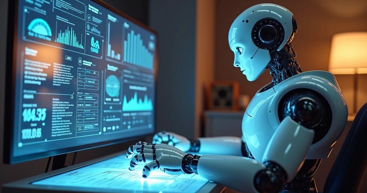 Robô analisando documentos contábeis digitais com gráficos e relatórios em tela 