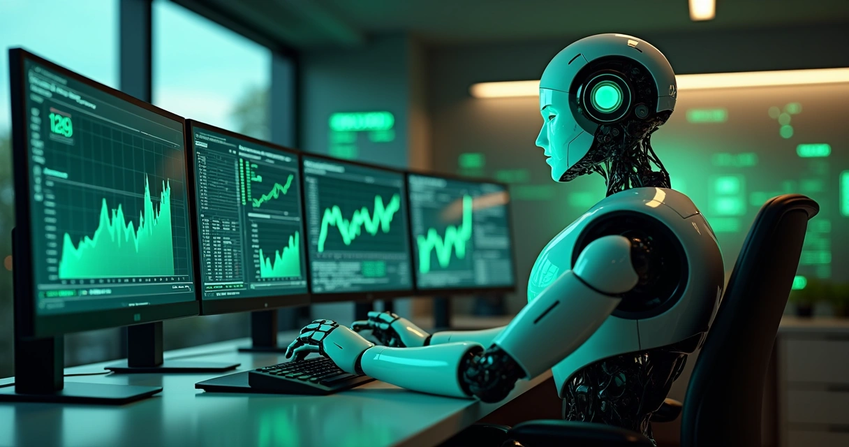 Robô analisando gráficos de alta em múltiplas telas 