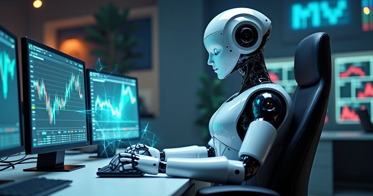 Robô investidor operando gráficos de bolsa 