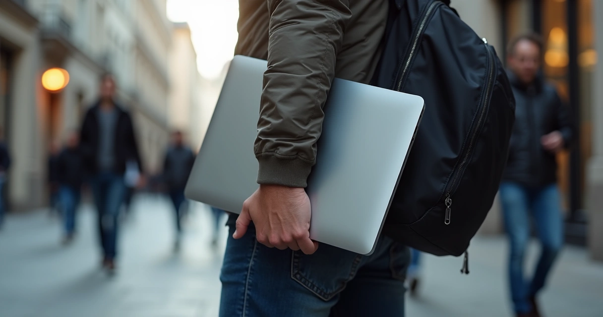 Mano arrebatando un laptop de una mochila en la calle 