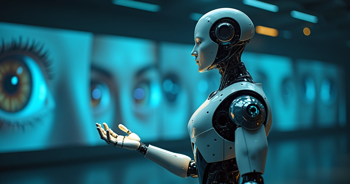 Rostro de robô com mão levantada diante de parede com olhos humanos projetados 