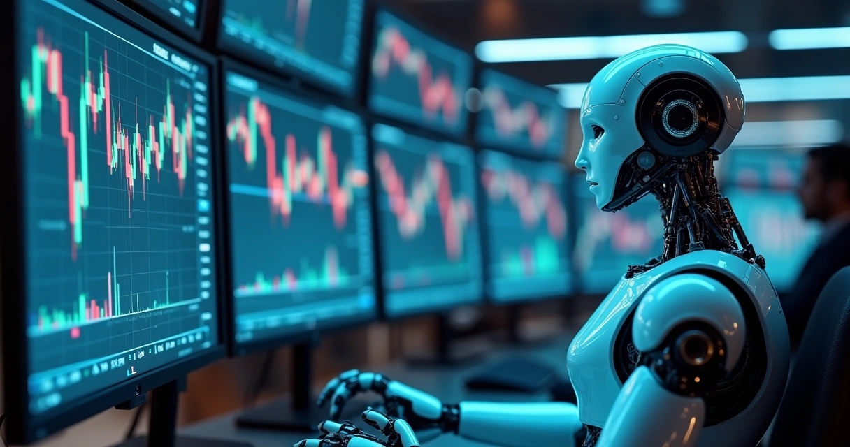 Robô analisando gráficos de forex em múltiplas telas 