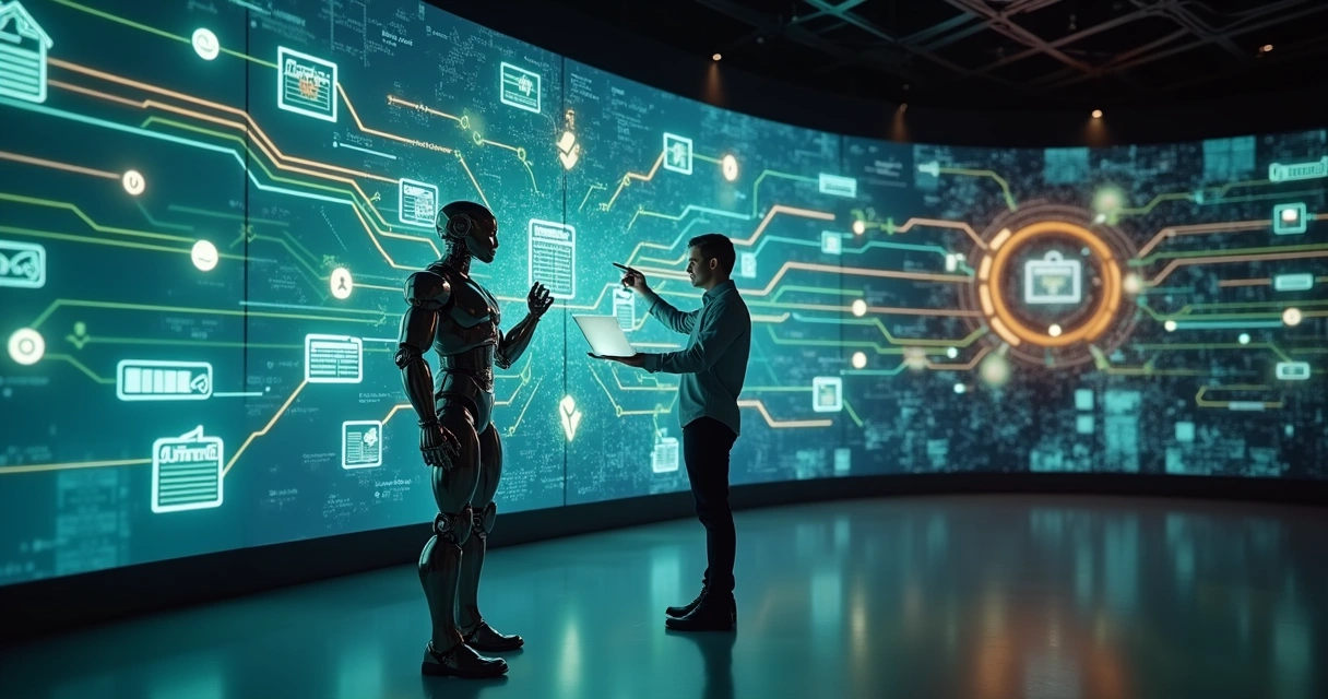 Robô metálico organiza fluxos financeiros digitais em painel gigante 