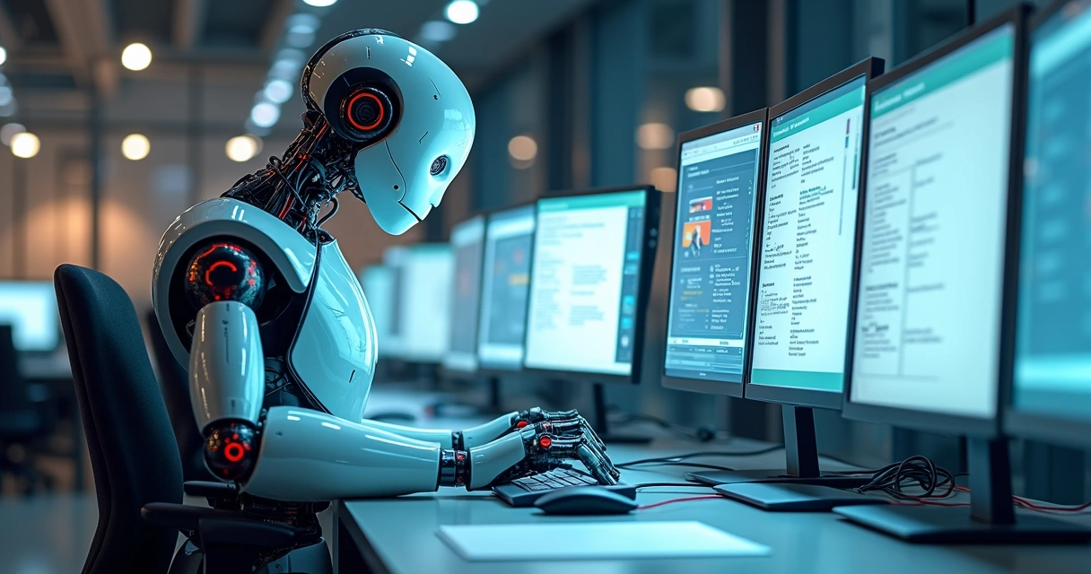 Robô processando documentos fiscais em monitores digitais 