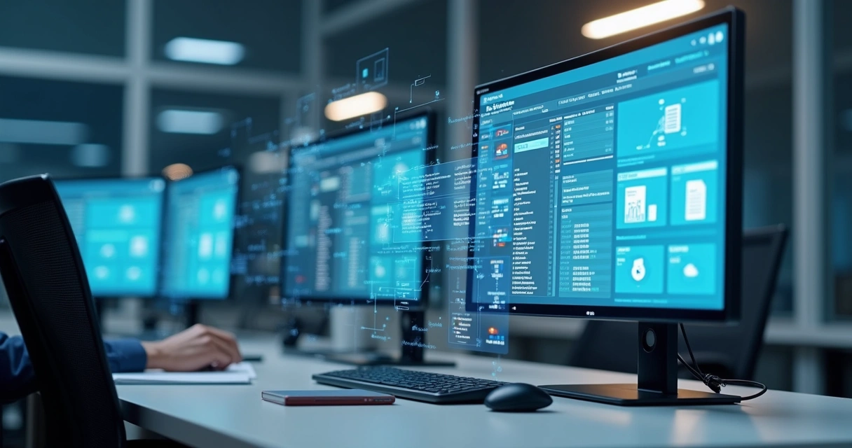 Robô de software operando tarefas contábeis em múltiplas telas 