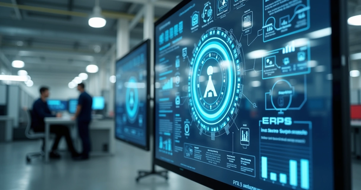 Robô de software em painel industrial e telas de gestão 
