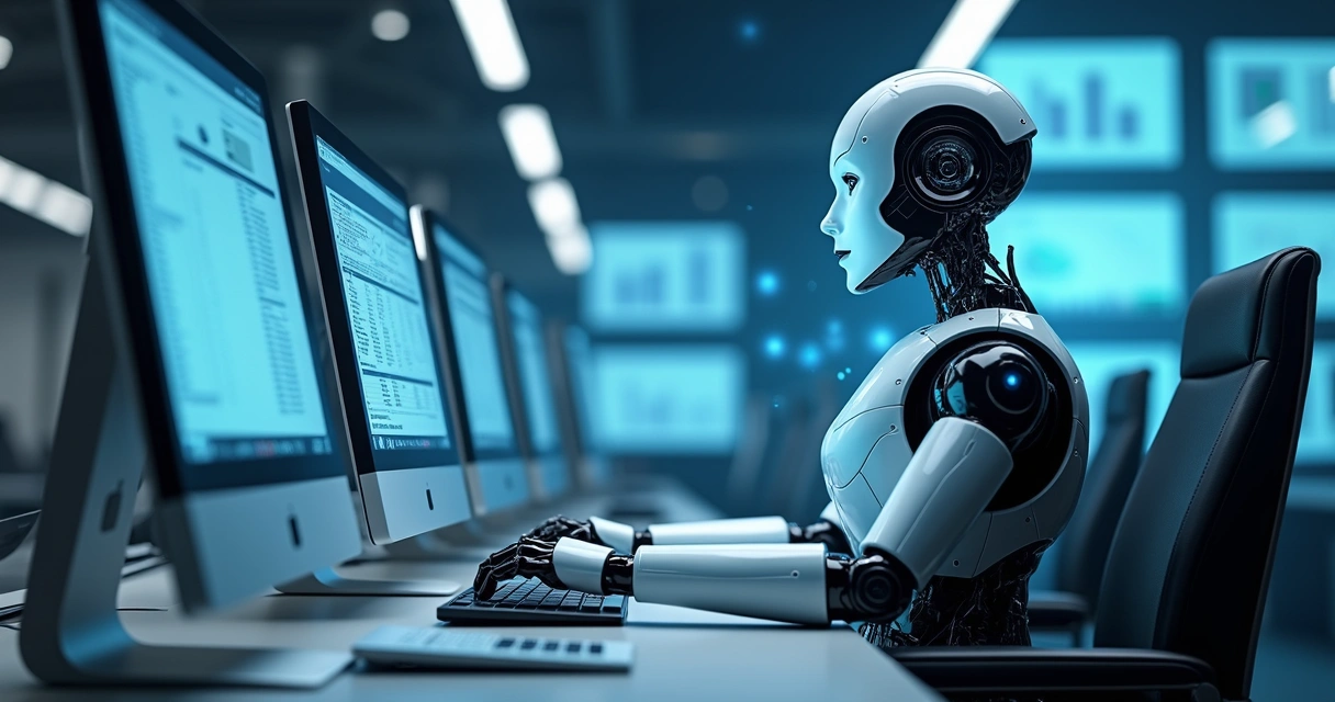 Robô digital trabalhando em tarefas administrativas em um escritório virtual 