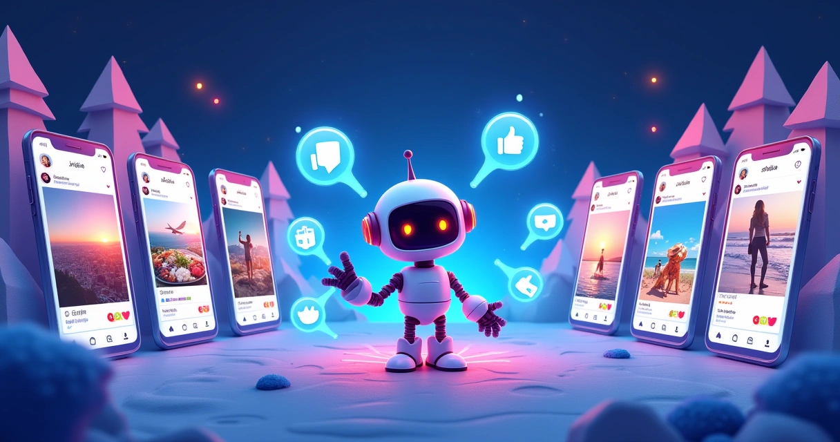 Robô digital gerenciando perfis do Instagram com smartphones e dados de engajamento em fundo colorido.