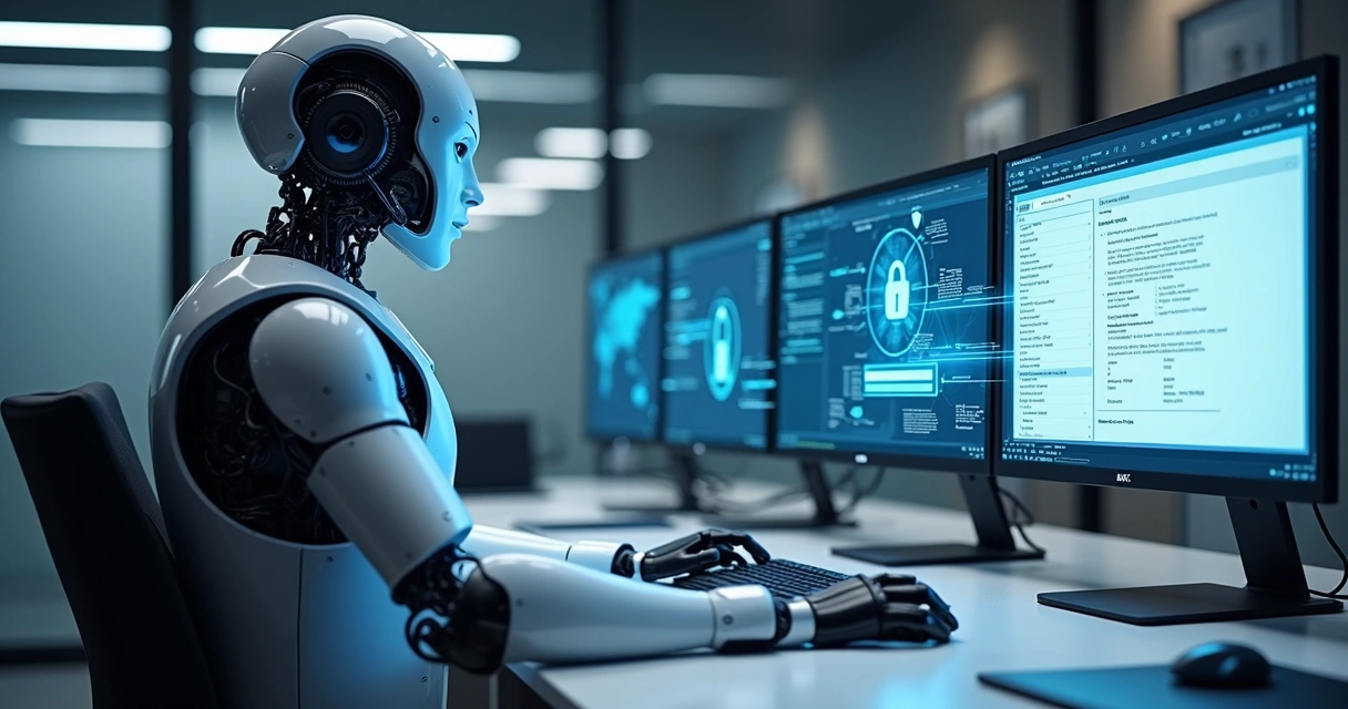 Robô de software operando tarefas contábeis em telas 