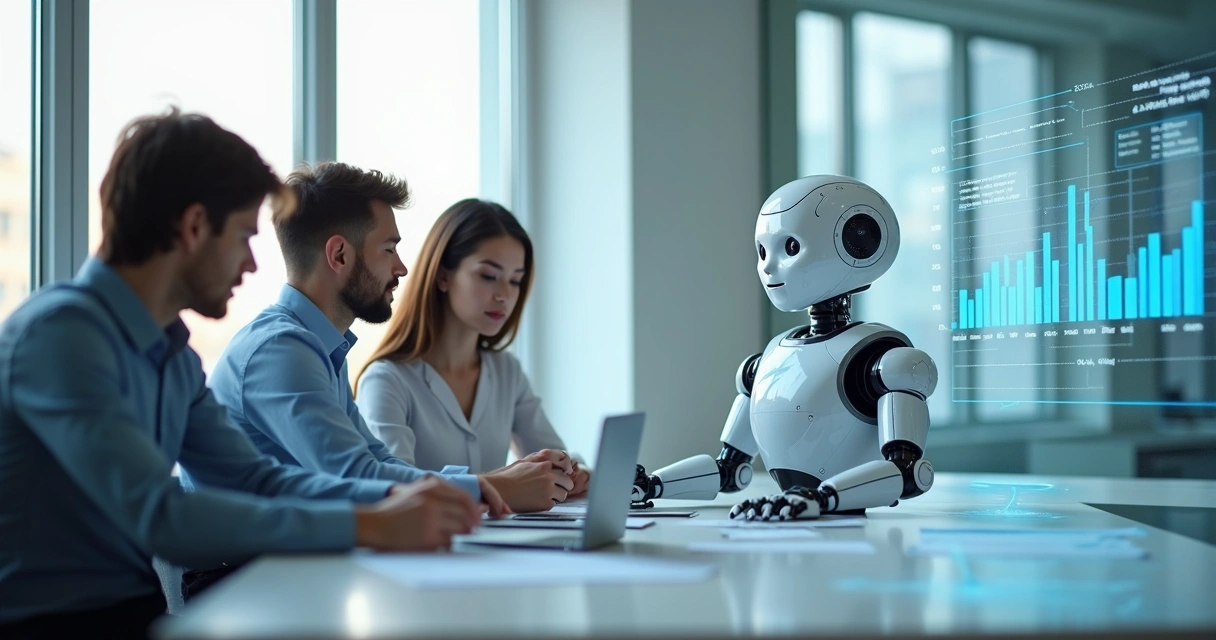 Robô colaborando em mesa de reunião com pessoas 
