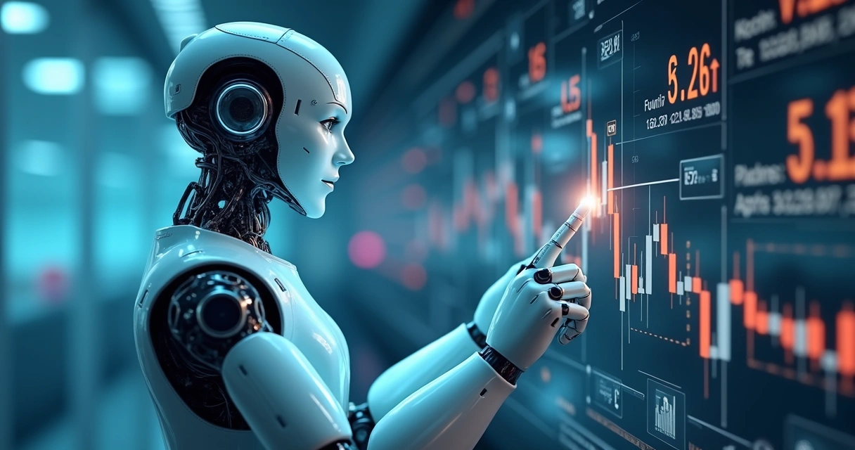 Robô de trade interagindo com gráficos digitais de indicadores técnicos