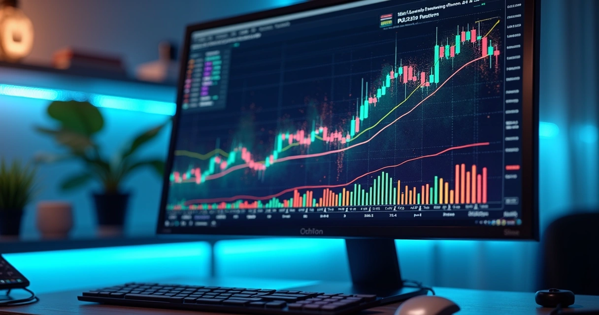 Gráfico de ações em tela com ilustrações de algoritmos e códigos ao redor 