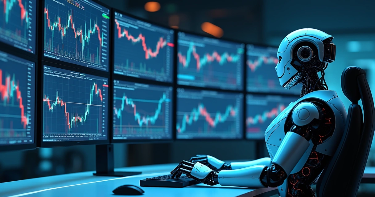 Robô em frente a telas mostrando gerenciamento de risco com stops. 