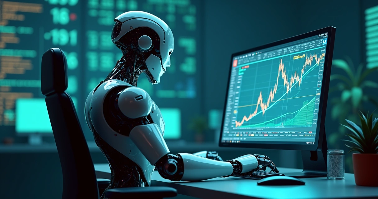 Robô trader analisando gráficos financeiros em uma tela 